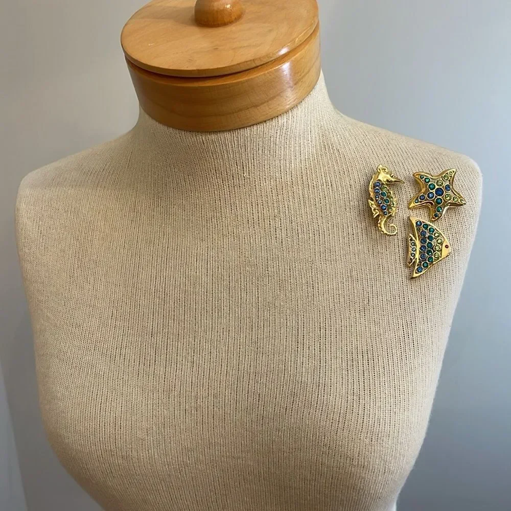 LIA Lianna Stamped 3 Ocean/Sea Themed Gold-tone Brooches w/ Rhinestone Accents